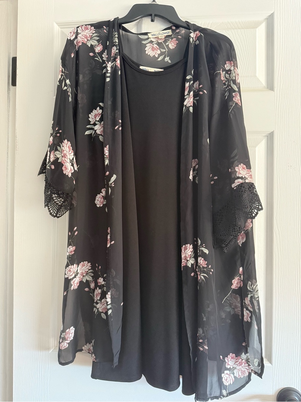 Wallflower Black Sheer Floral Kimono with Pink Blossoms